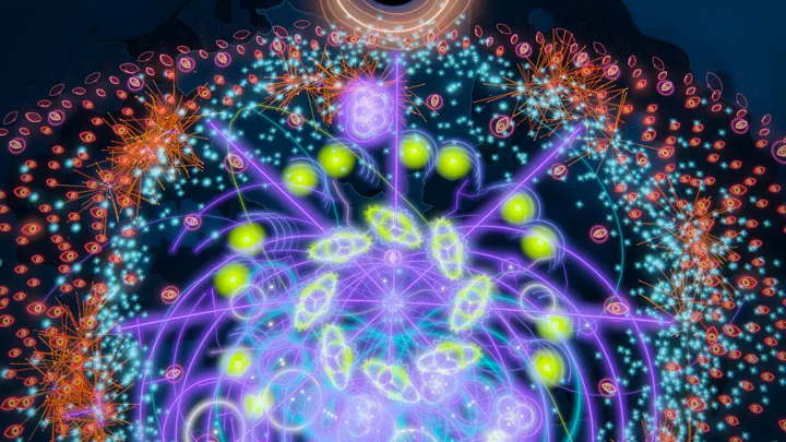 BeatSlayer gameplay: a late-run build tearing through a swarm of crimson eyes